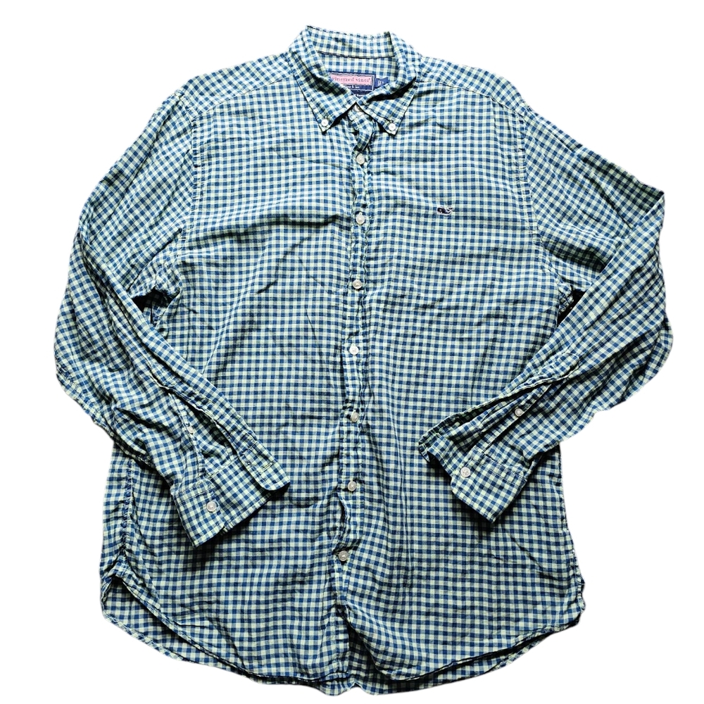 Vineyard Vines Cotton Plaid‎ Men's Green Gingham Check Button-Down Shirt Size L